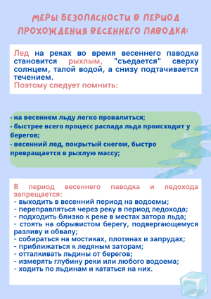 Правила поведения во время весеннего половодья: лед становится рыхлым, легко провалиться, опасно находиться у берегов, покрытый снегом лёд быстро превращается в опасную массу. Запрещено переправляться через реку, подходить близко к берегам, приближаться к заторам, ходить по льдинам и кататься на них.